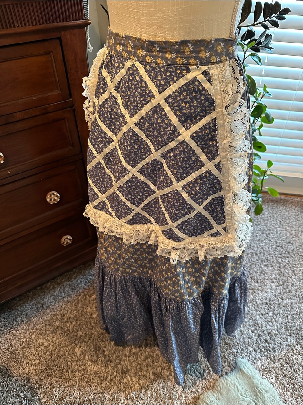 Handmade vintage Blue Floral Tiered Lace-Trim Skirt